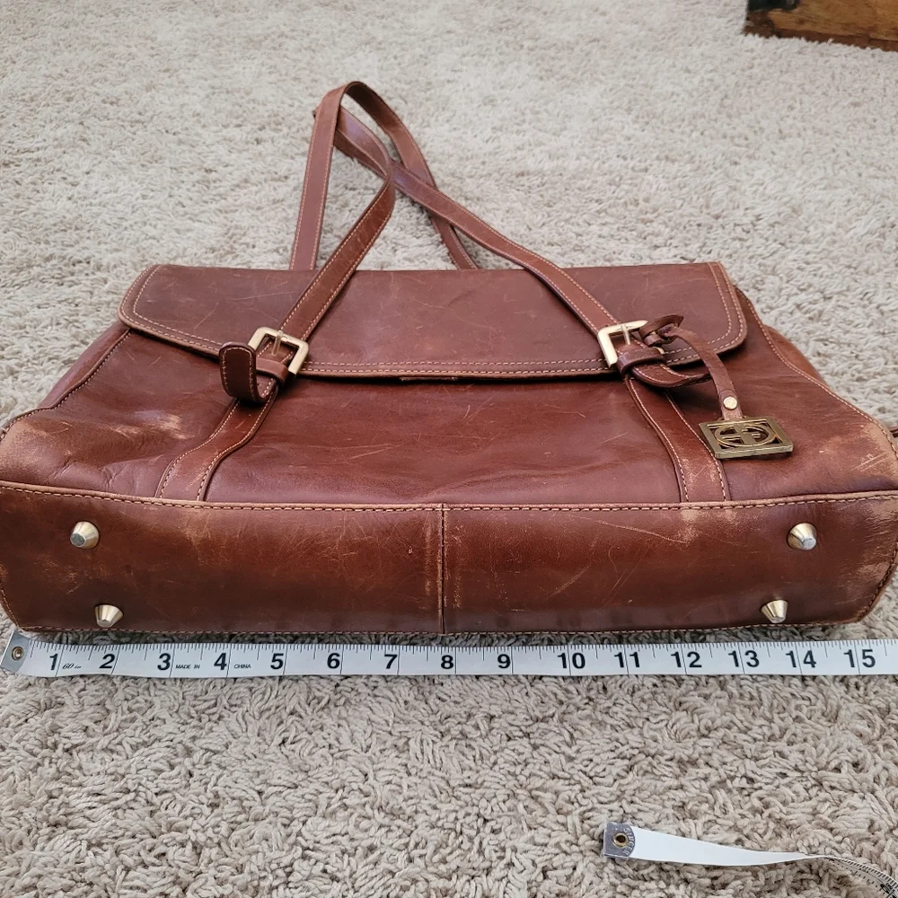 GIANI BERNINI Leather Laptop Bag Briefcase Brown Buckle Distressed Travel Work